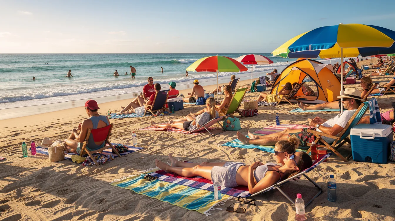 A lively beach scene features people relaxing under the warm sun, surrounded by colorful beach towels, bottles of cold drinks, and various shade accessories like pop-up sun shelters. This image captures the essence of summer outings, showcasing essential summer products perfect for enjoying hot weather and beach trips.