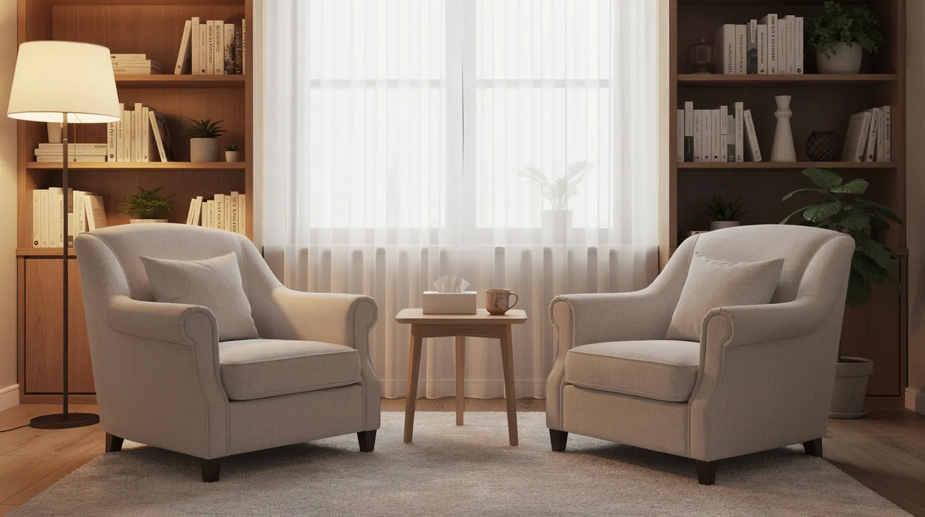 The image shows a comfortable therapy office featuring two armchairs facing each other, creating a safe space for open communication and emotional connection. This inviting setting is ideal for individuals seeking professional support to address relationship issues and build healthy boundaries in their romantic relationships.