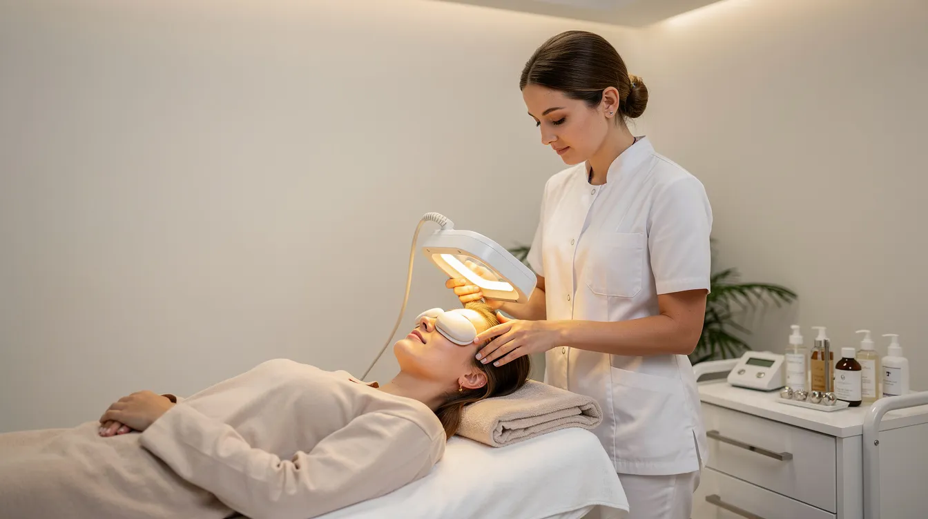 A person is receiving an intense pulsed light (IPL) treatment in a serene clinical room, designed to address multiple skin concerns such as sun damage and acne scars. The procedure involves the application of light energy from an IPL device, with protective eyewear ensuring comfort during the session.