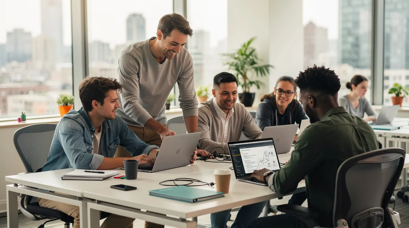A group of engineers collaborates around laptops in a modern office, discussing software development and tool integration for deploying multi-agent systems. The atmosphere is focused and dynamic, reflecting their efforts to enhance performance and reliability in production systems.
