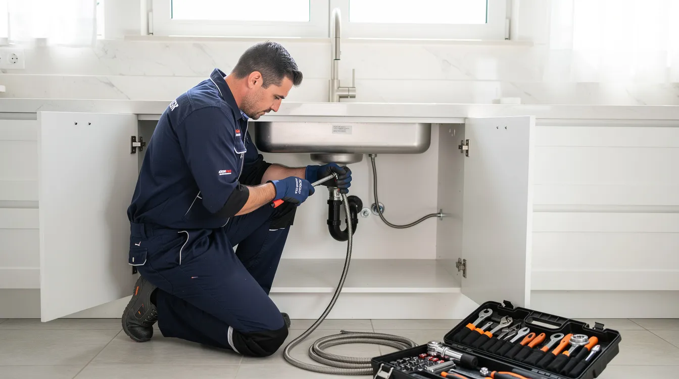 A professional plumber, dressed in work clothes, is using a drain snake tool to clear a clogged drain under a kitchen sink, showcasing essential plumbing services for maintaining indoor plumbing systems. The image highlights the importance of regular drain cleaning to prevent issues like sediment buildup and leaky faucets.
