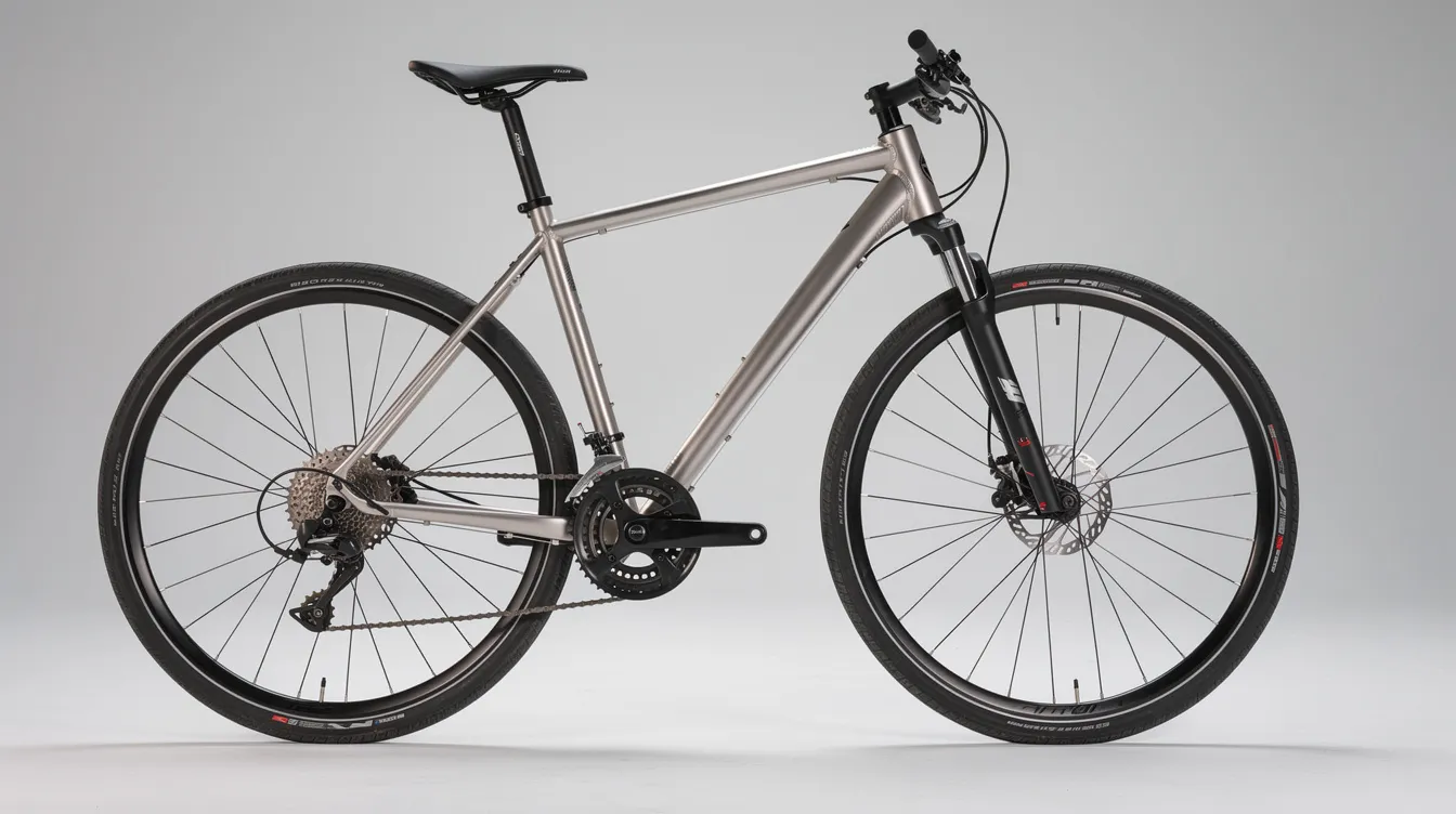 The image shows a side view of a bicycle, highlighting its mechanical components such as the chain, gears, wheel spokes, and brake levers, all set against a neutral background. This mechanical device exemplifies how simple machines, like the wheel and axle, work together to create a more complex system that enables efficient motion and force amplification.