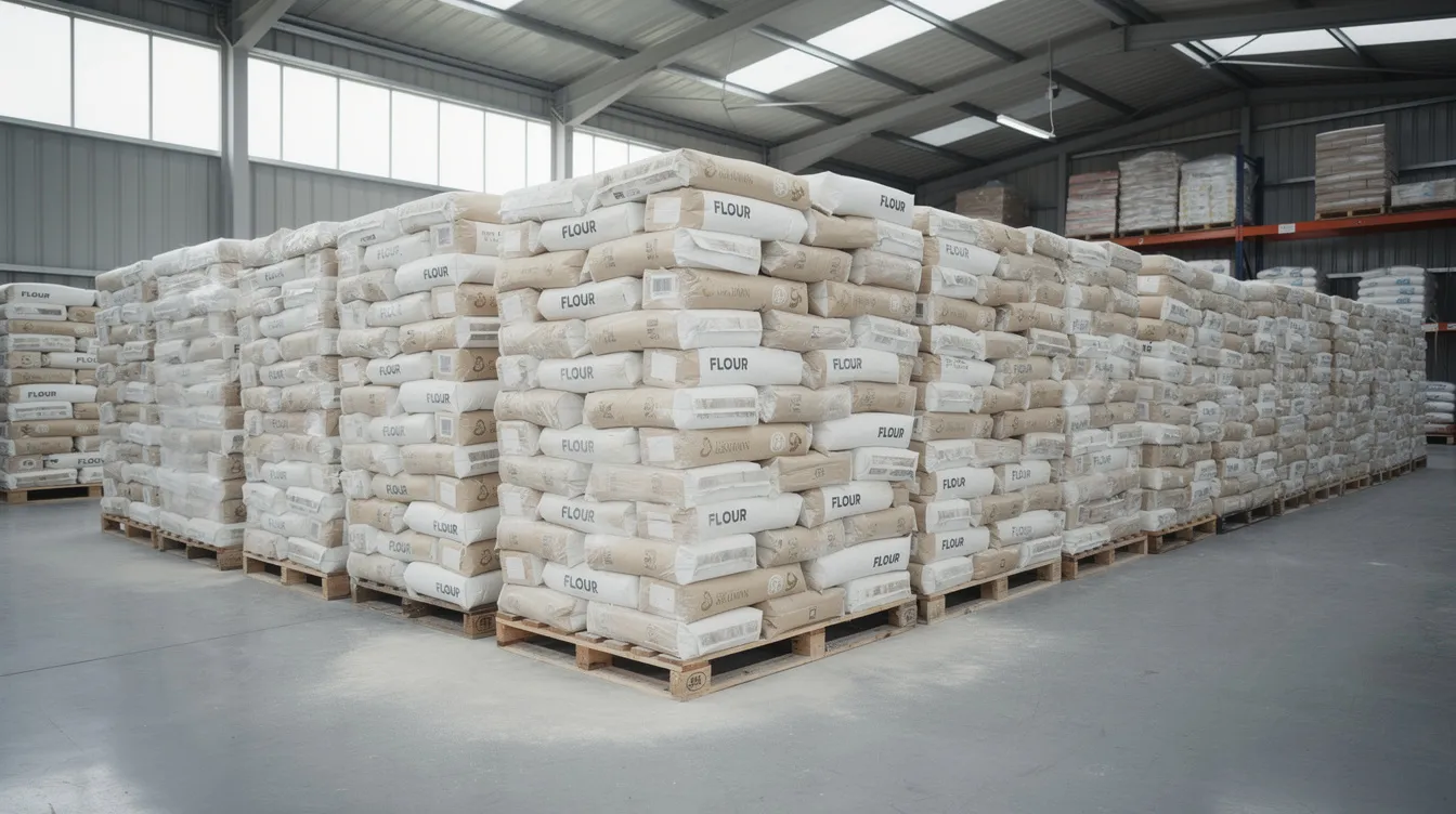 54d1c0e7 092e 4a04 93ca 15bad83a854a The image shows stacked bags of high-quality besan flour in a warehouse, indicating the organized preparation for distribution within the food processing industry. These bags, essential for besan production, highlight the efficiency and capacity of the besan mill plant.
