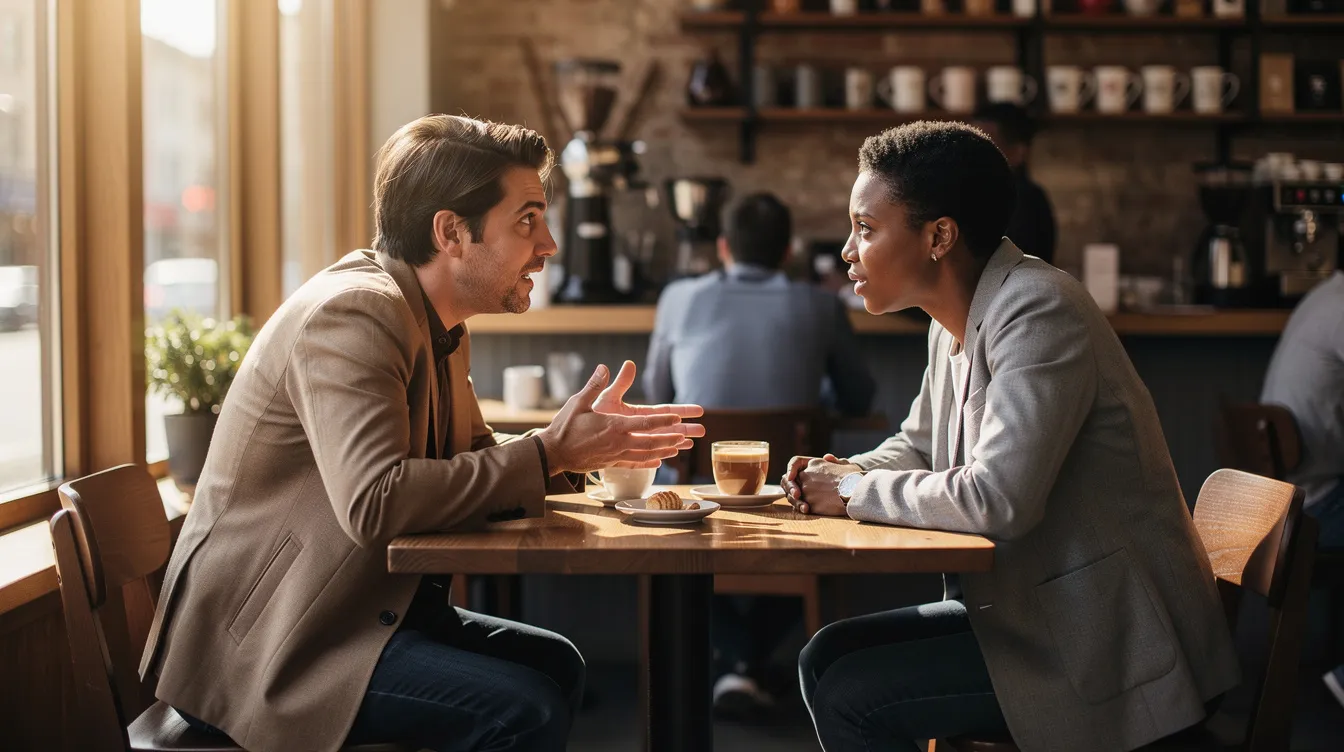 The image shows two people engaged in a lively conversation at a small cafe table, suggesting a moment of connection that could lead to meaningful relationships, often found through dating apps. Their body language indicates a comfortable and genuine interaction, typical of those seeking compatible partners in the dating pool.