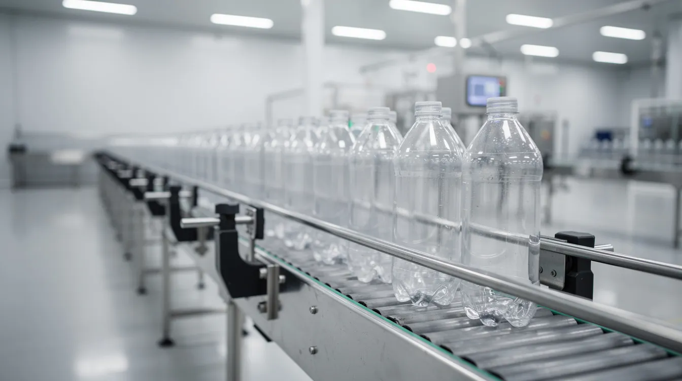 The image shows an industrial bottling line in a clean factory setting, where PET bottles are moving along a conveyor belt, likely filled with a value-added dairy product like flavoured milk. This efficient process highlights the importance of quality control and advanced machinery in the dairy processing sector.