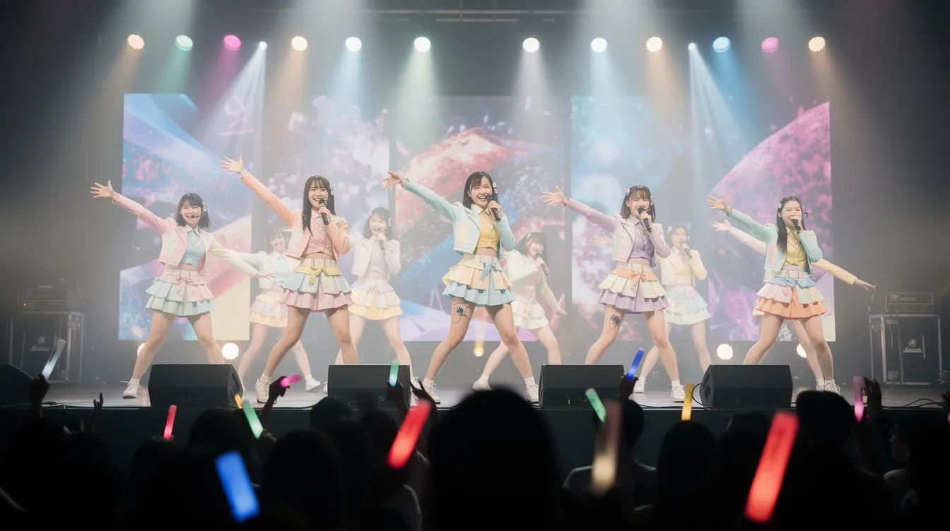A Japanese idol group consisting of four members performs synchronized choreography on a brightly lit stage, dressed in matching outfits that reflect the vibrant energy of J pop music. The scene captures the essence of pop culture, showcasing their dynamic presence and appeal to international audiences.