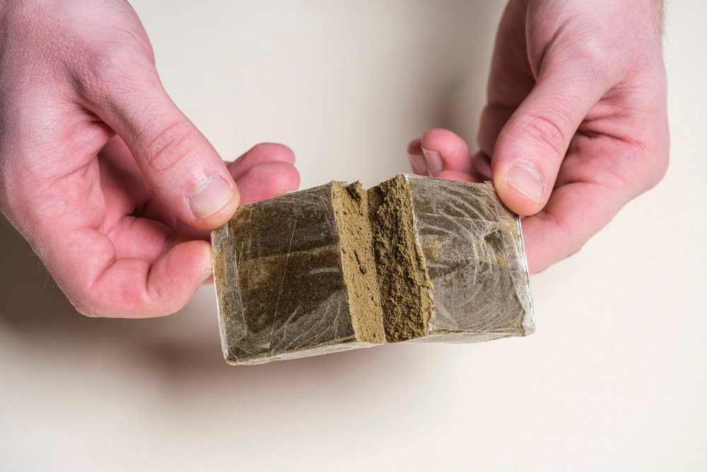 a person holding a brick of kief