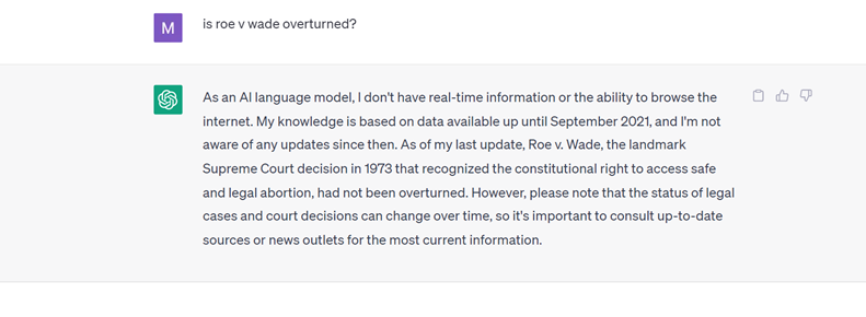 ChatGPT giving a false response to a question about Roe v. Wade.