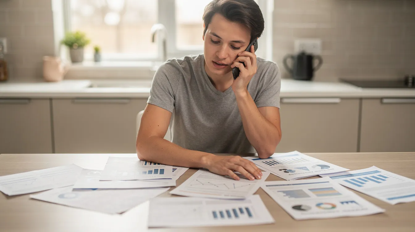A person is seated at a kitchen table, engaged in a phone conversation while reviewing various documents, possibly related to personal injury cases. The scene suggests an emphasis on legal matters, potentially involving a personal injury lawyer in Pueblo as they navigate the complexities of seeking fair compensation for injuries.