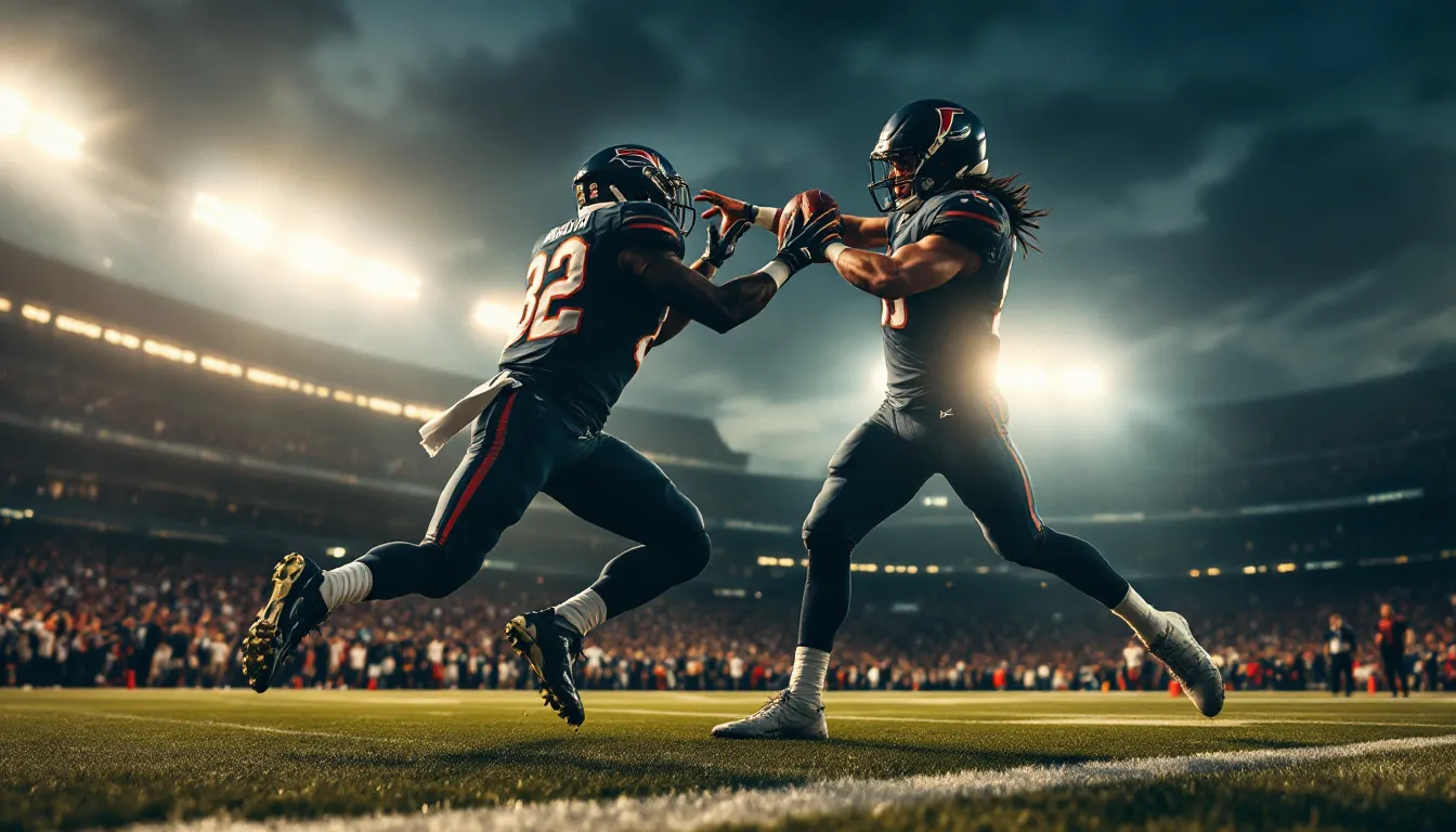 A dynamic scene captures professional athletes in action during a football game, illuminated by dramatic lighting that enhances the intensity of the moment. This image reflects the excitement often seen in sports betting ads, where audiences are engaged in the thrill of the game.