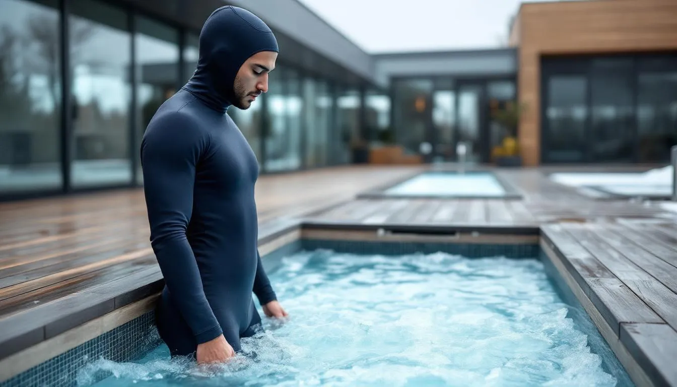 The image depicts a person safely engaging in a cold plunge, demonstrating cold water immersion in a controlled environment. The scene highlights the benefits of cold exposure, such as improved circulation and cold adaptation, while emphasizing the importance of proper techniques for effective temperature regulation and body adjustment.