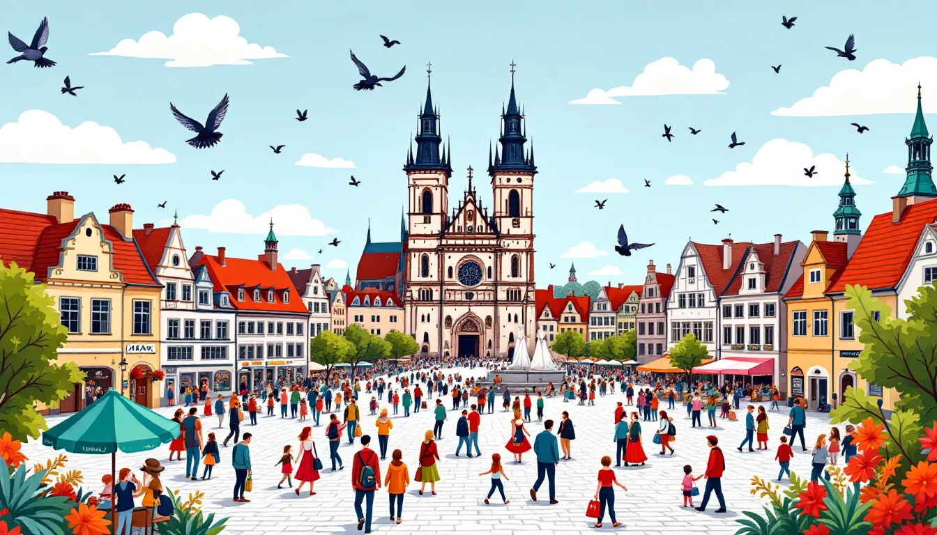 Tourists walking around Kraków's main square, showcasing the city's vibrant atmosphere.