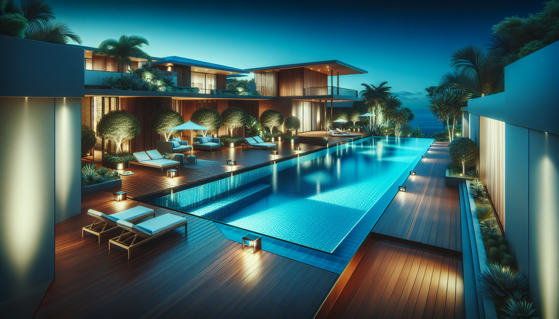 An illustration of a luxurious swimming pool with a surrounding pool deck