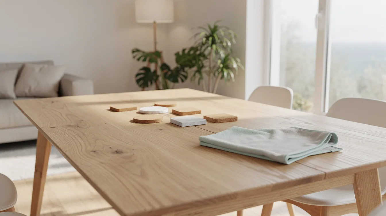 De afbeelding toont een houten eettafel in een lichte woonkamer, met onderzetters en een microvezeldoek erop, wat wijst op goed onderhoud van de houten meubels. De natuurlijke uitstraling van het gelakte hout komt mooi tot zijn recht in de ruimte.