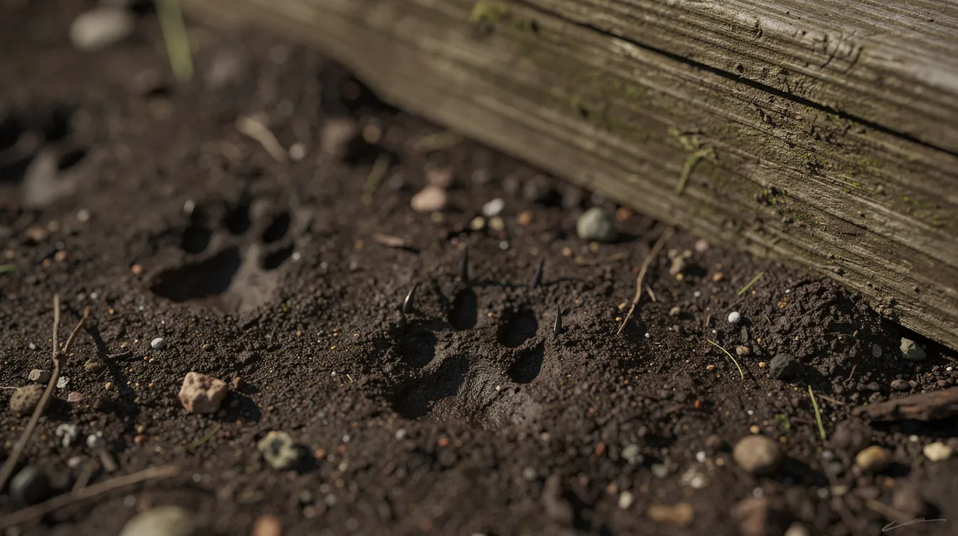 The image shows a close-up view of small animal paw prints, featuring visible claw marks, pressed into damp garden soil near the foundation of a wooden structure. This could indicate the presence of baby skunks or mother skunks living underneath a deck or shed, highlighting the importance of skunk removal and thorough inspection to prevent uninvited guests on your property.