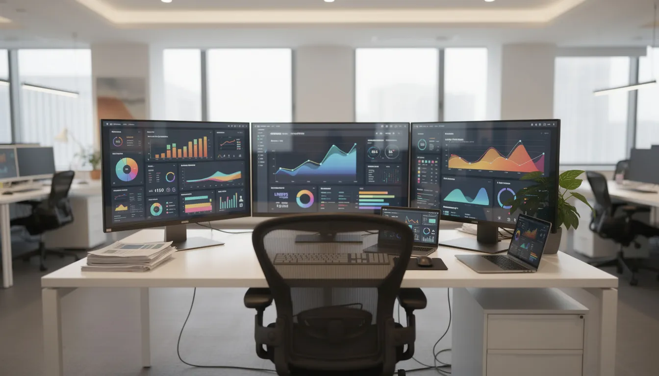 The image depicts a modern office workspace featuring multiple computer monitors that display various data dashboards related to enterprise risk management and compliance status. This setup is essential for healthcare organizations to effectively manage regulatory requirements and mitigate risks while ensuring patient care and data security.