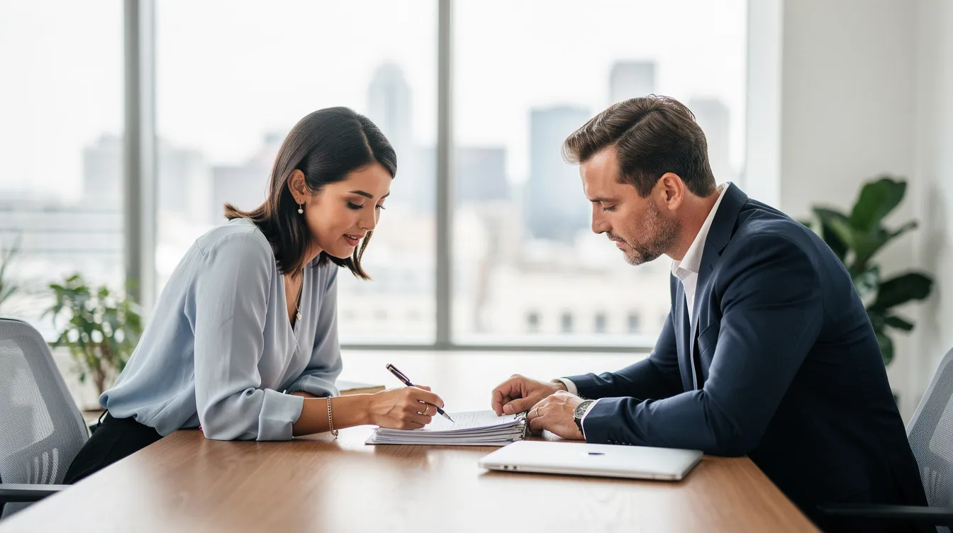 In a bright modern office, two people sit across from each other at a table, reviewing paperwork and discussing their financial goals. The atmosphere is focused and collaborative, reflecting the importance of informed decisions in asset allocation and personalized plans for their future.