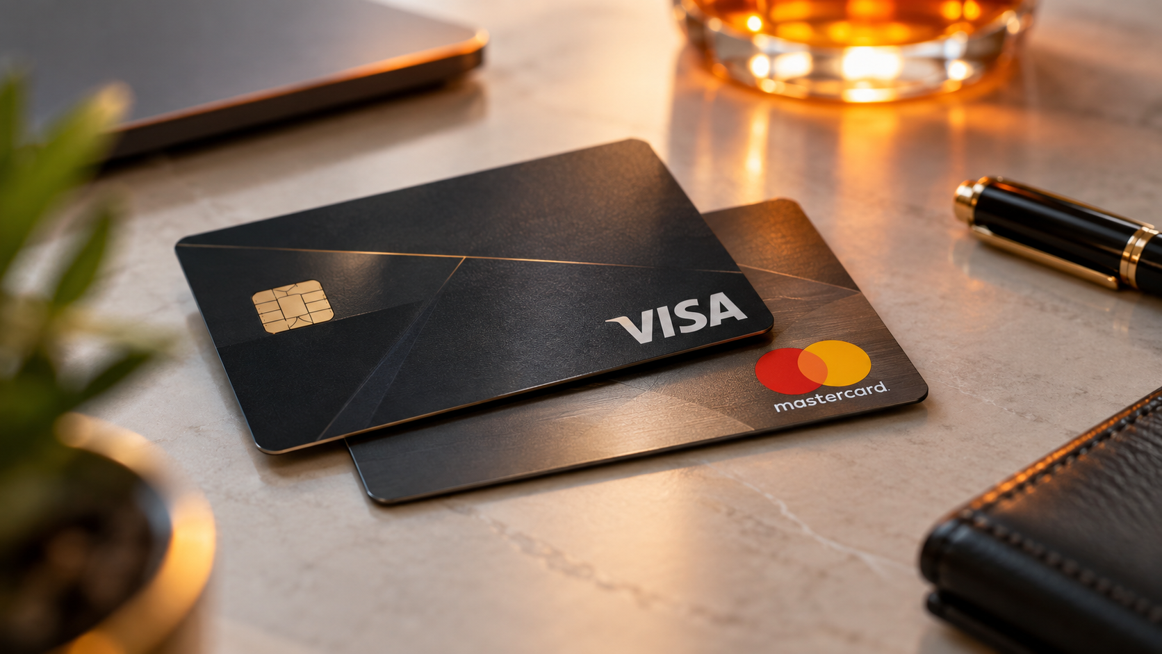 Twee betaalkaarten met de logo’s van Visa en Mastercard op een bureau.