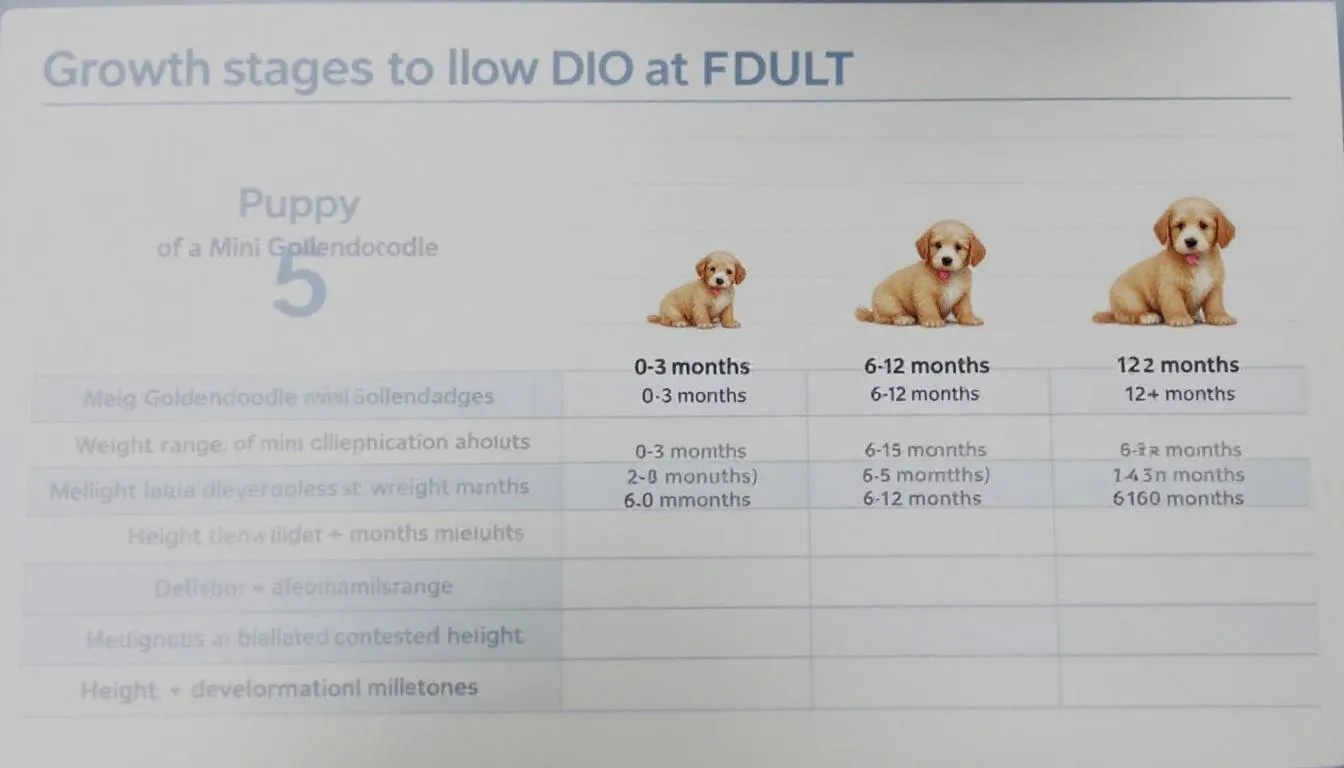 The image depicts a chart illustrating the growth stages of Mini Goldendoodles, from puppy to adult, highlighting their size progression and key characteristics. It includes information on how big mini goldendoodles typically get, emphasizing their compact size and suitability for various living spaces.