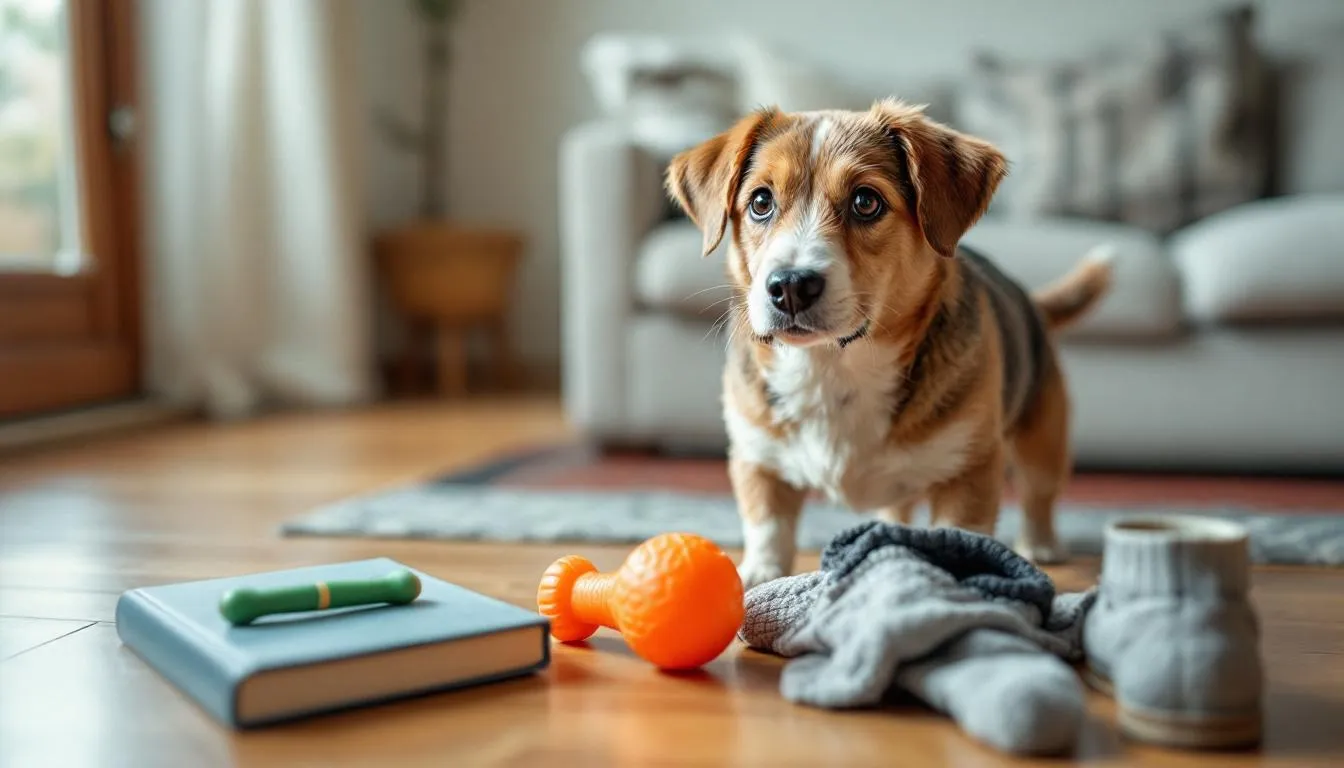 A one-year-old puppy is seen deciding between colorful chew toys designed for teething puppies and various household items, highlighting the importance of puppy-proofing your home. The image captures the teething process as the puppy explores options to relieve sore gums and learn bite inhibition.