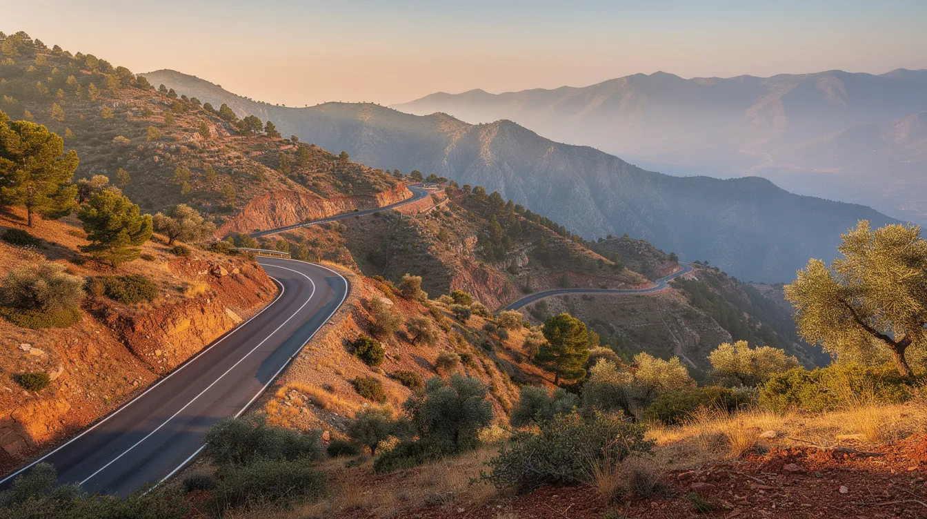 Una carretera de montaña sinuosa se despliega en la región del Rif marroquí, rodeada de vegetación mediterránea que resalta la belleza natural del paisaje. Este escenario es ideal para aquellos que buscan alquilar un coche en Nador y explorar las maravillas de Marruecos.