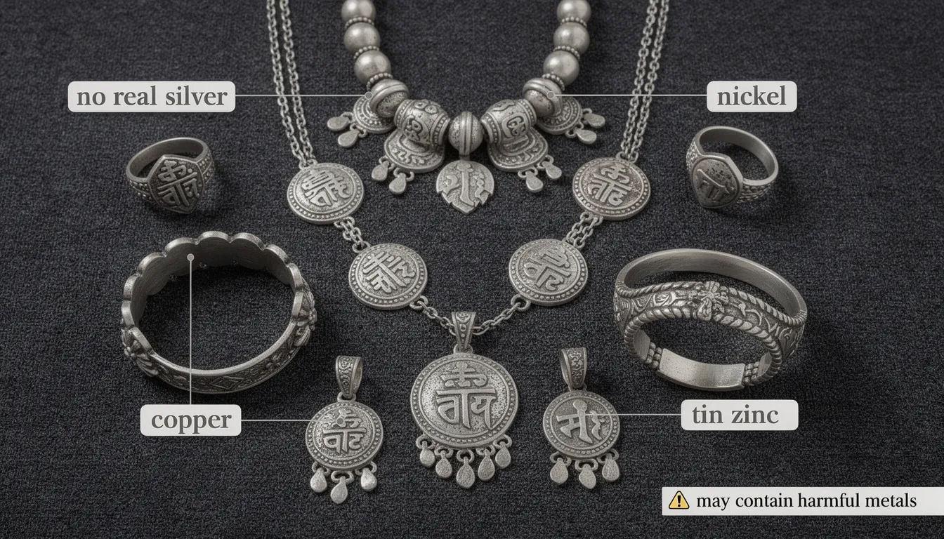 The image showcases a collection of Tibetan silver jewelry, characterized by intricate designs and a mix of base metal alloys such as nickel, copper, and tin, which often contain little to no actual silver. These costume jewelry pieces reflect rich cultural heritage, but may pose health risks due to the presence of harmful metals.