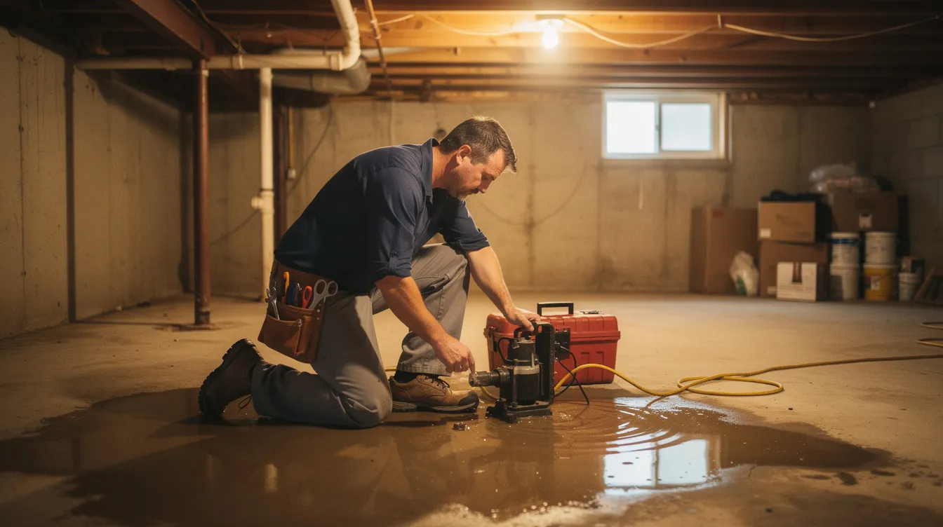 A plumber in a navy shirt and grey pants is working diligently in a flooded basement, surrounded by water and plumbing tools, embodying a warm lifestyle look. This scene highlights the urgency of emergency plumbing services as he addresses a plumbing emergency, ensuring the safety of the home’s plumbing system.
