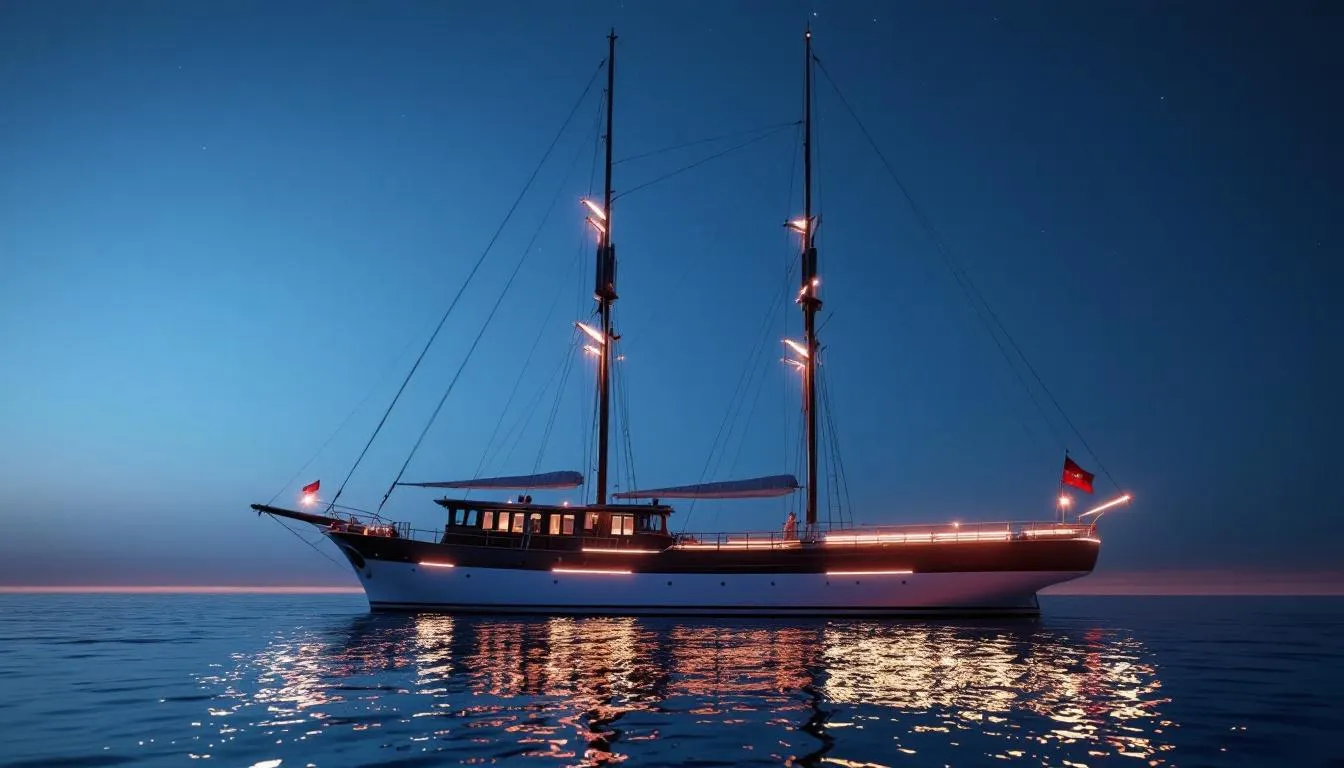 Ein elegantes Schiff gleitet sanft über das ruhige Wasser, umgeben von romantischer Beleuchtung, die eine zauberhafte Atmosphäre für Hochzeiten in Heidelberg schafft. Diese traumhafte Kulisse bietet eine ideale Hochzeitslocation für unvergessliche Momente und Feierlichkeiten.