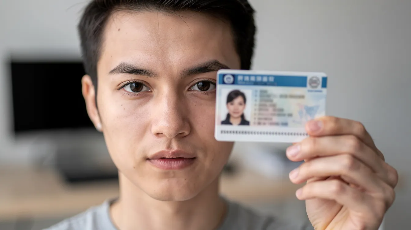 The image shows a person holding an identity card in front of a camera for video verification, with a blurred background suggesting a secure environment. This scene emphasizes the importance of identity verification to prevent fraud, such as scams related to WhatsApp accounts.
