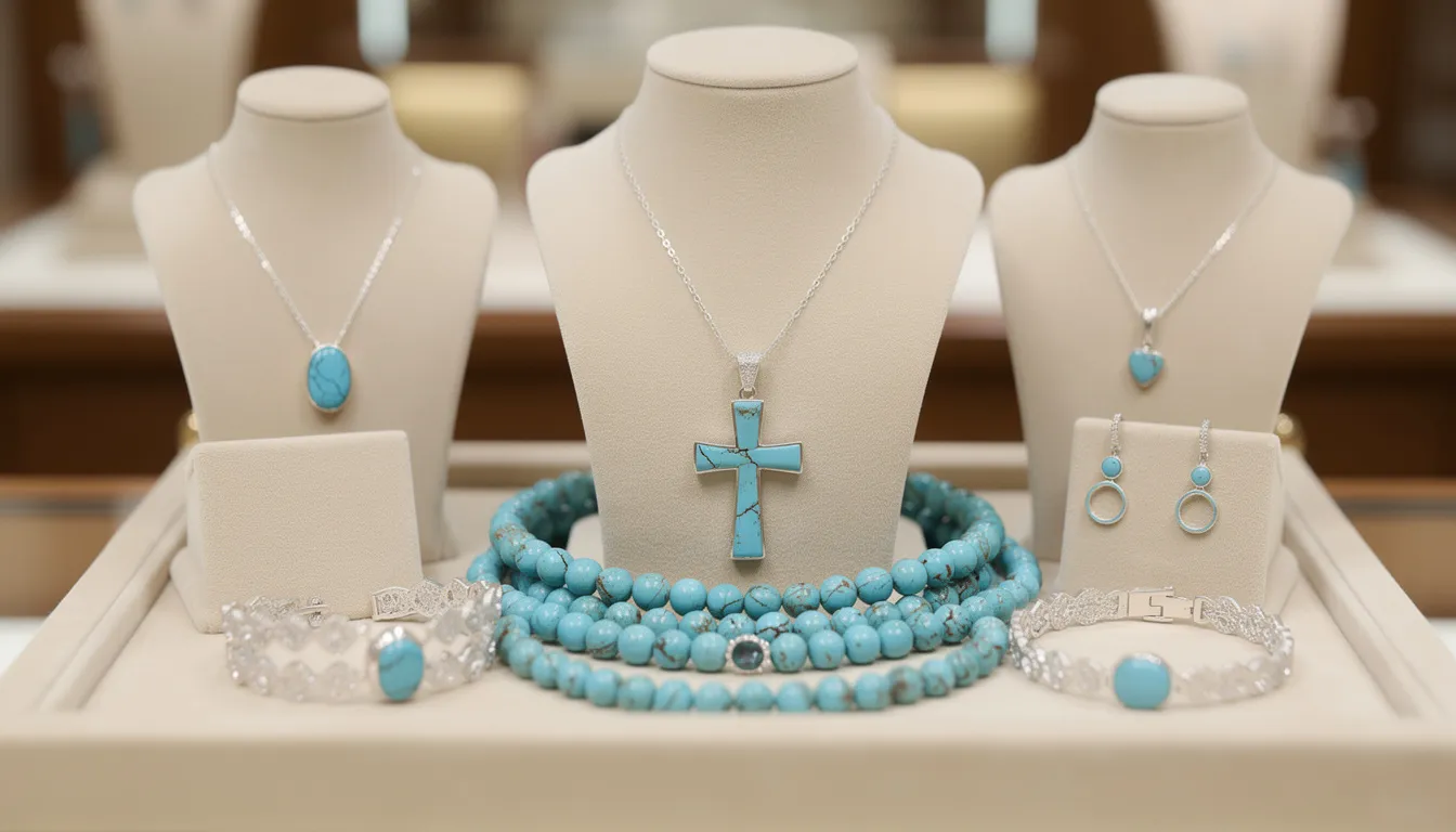 A collection of beautiful turquoise necklaces showcases various styles, including simple pendants, heart-shaped designs, and beaded strands, all featuring stunning sky-blue turquoise stones. These handcrafted pieces, often set in sterling silver, make for perfect gifts and treasured additions to any wardrobe.