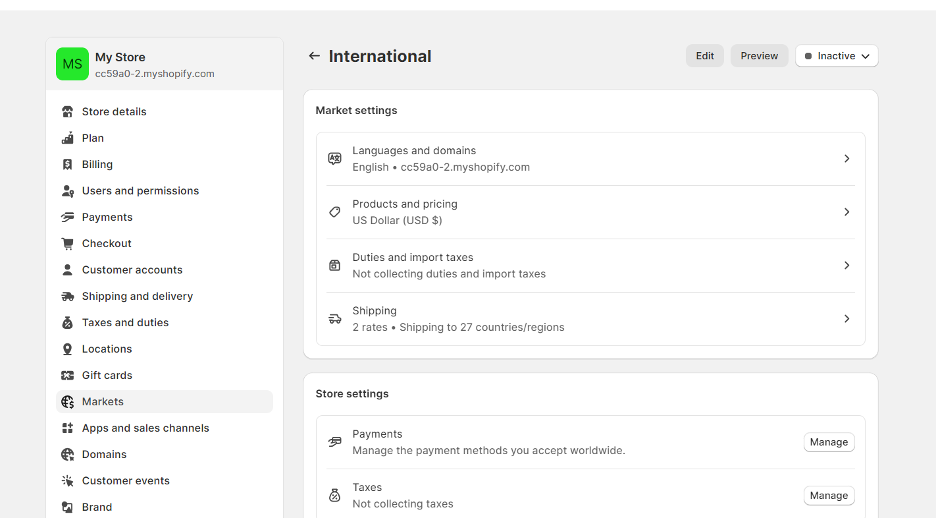 Shopify dashboard - Market settings - International