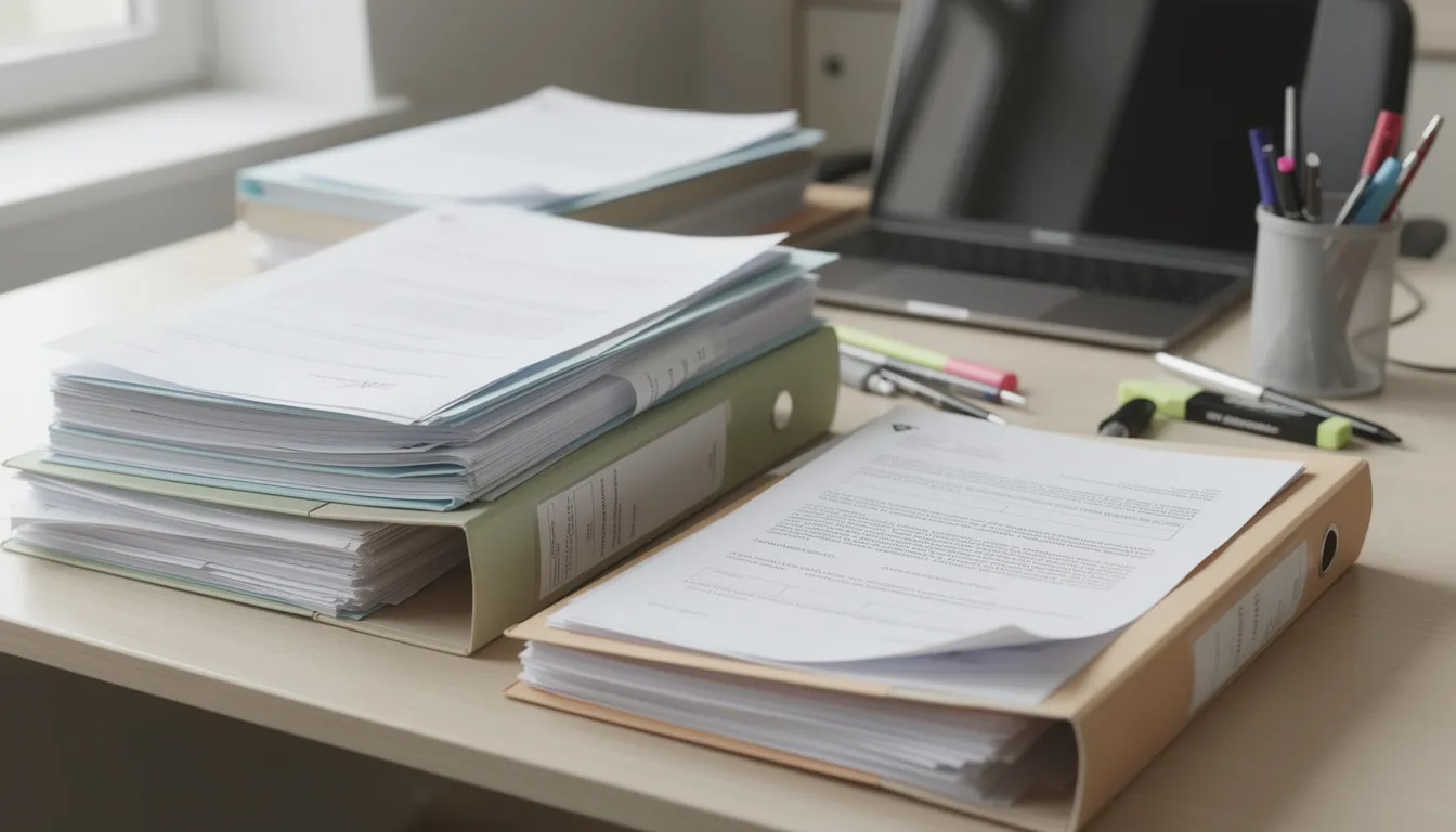 L'image montre un bureau encombré de documents administratifs et de dossiers, évoquant les démarches liées aux frais d'obsèques d'un parent décédé. On y aperçoit des factures, des actes de décès et des informations sur les pompes funèbres, illustrant les obligations financières que doivent assumer les héritiers.