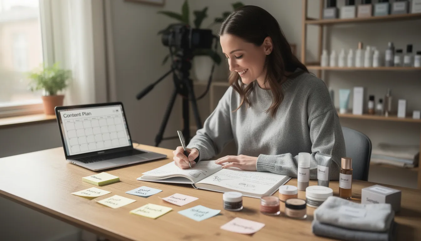 The image depicts a content creator at a desk surrounded by notes and product samples, engaged in planning for private label supplements. The workspace reflects a focus on branding and marketing efforts, showcasing the strategic process of developing unique products for their own brand.