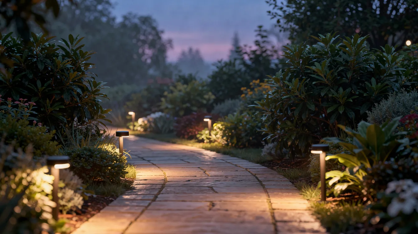 The image features warm low-voltage pathway lights illuminating a curved garden walkway at twilight, surrounded by lush greenery on both sides, showcasing the beauty of landscape design. This inviting scene highlights the importance of lighting in landscape construction, creating a safe and aesthetically pleasing environment for property owners.