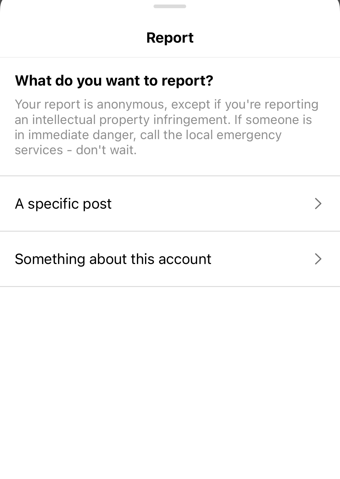 Screenshot of Instagram app to report yourself