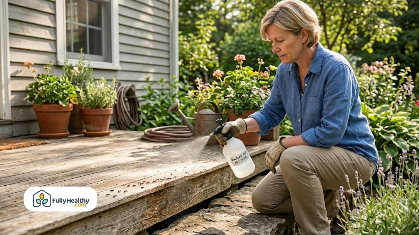 Person spraying vinegar solution on porch to repel ants naturally and safely outdoors.