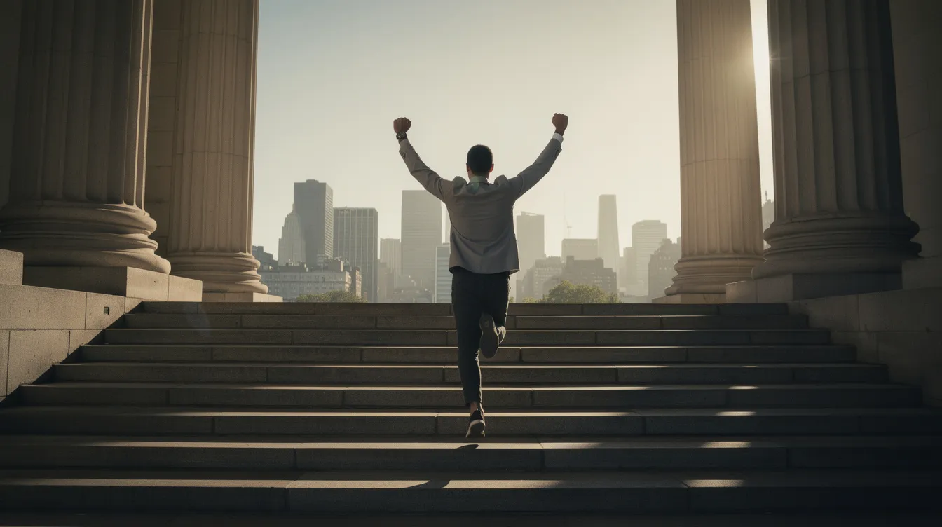 Ein Mann, der an die berühmte Szene aus "Rocky" erinnert, läuft die breiten Steintreppen eines imposanten Gebäudes hinauf, während er seine Arme triumphierend in die Luft streckt. Im Hintergrund eröffnet sich ein Panoramablick über die Großstadt, erleuchtet vom warmen Morgenlicht.
