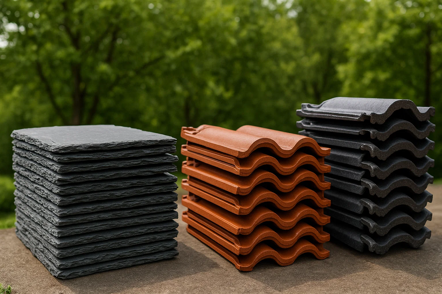 Slate, clay, and concrete roof tiles displayed outdoors with greenery, highlighting environmental considerations.