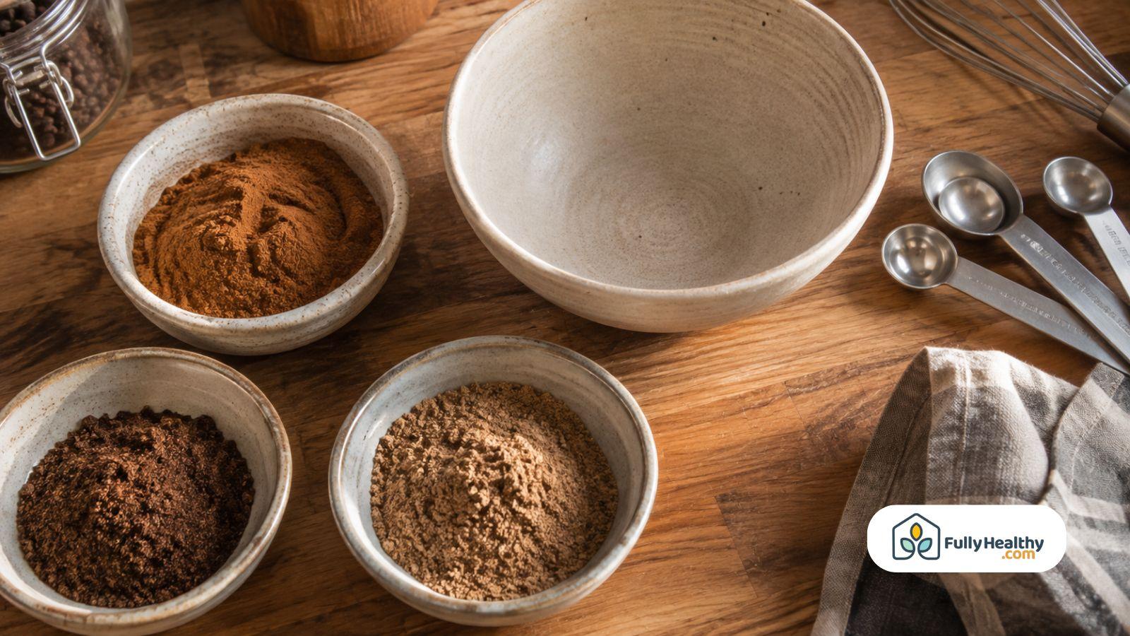 Ground spices and mixing bowl arranged for homemade allspice preparation
