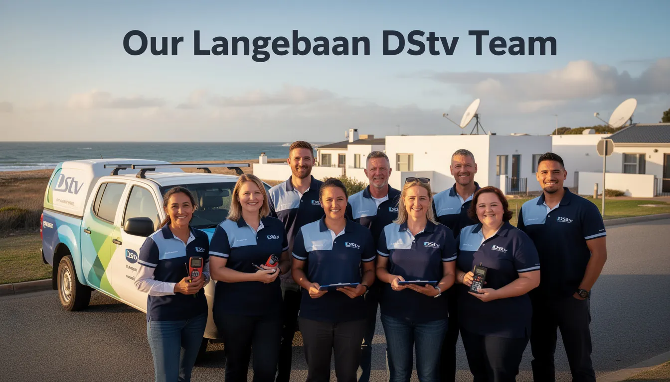 The image showcases a professional team of accredited DStv installers in Langebaan, equipped with tools and satellite dish installation equipment, ready to provide reliable DStv installation services and repairs. They are committed to delivering high-quality service and ensuring excellent entertainment setup for their clients in the West Coast suburbs.
