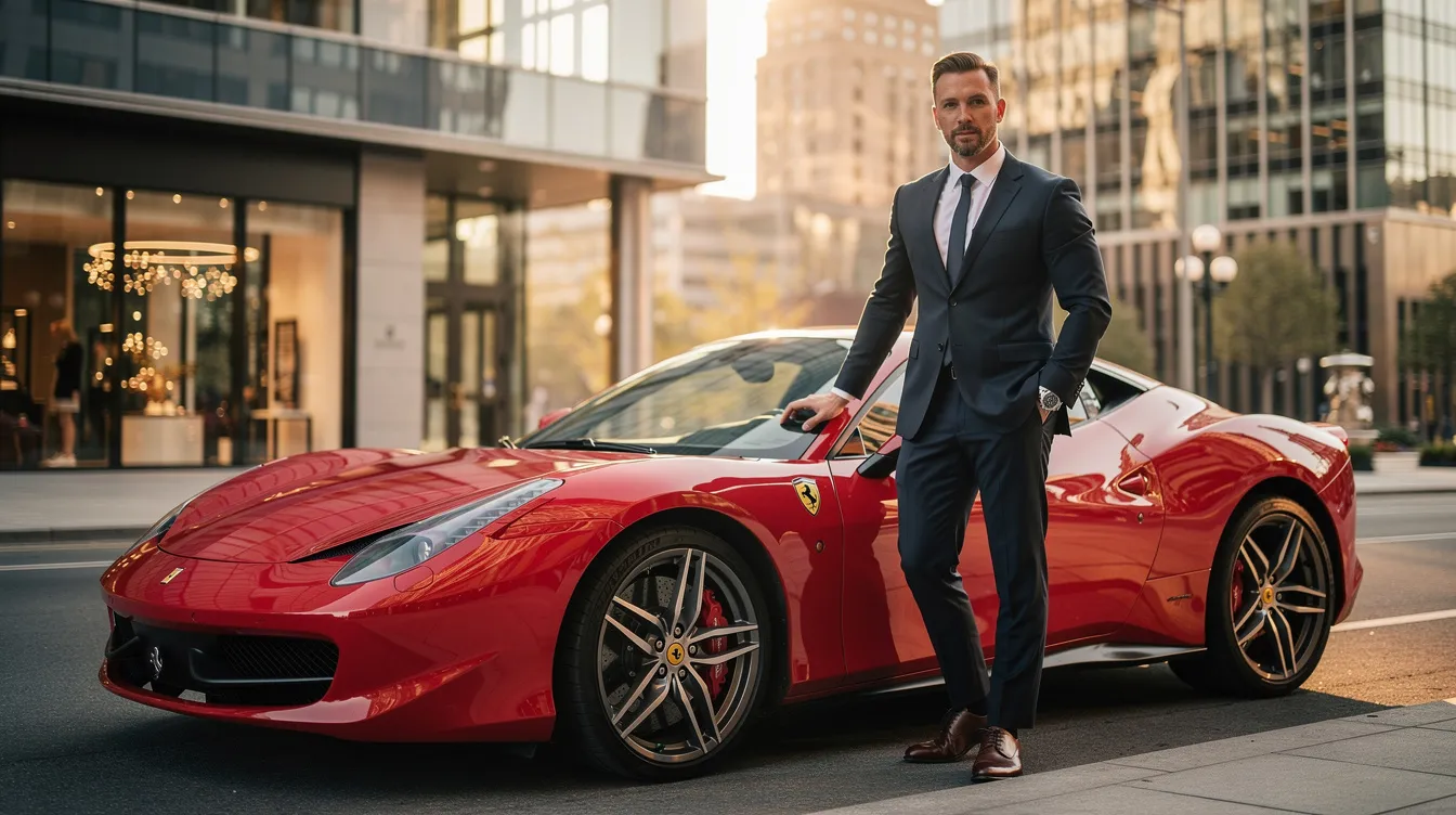The image depicts a high value man confidently standing next to a sleek Ferrari, symbolizing success and self-assurance. His posture reflects pride in his achievements and the importance of self-respect, showcasing how high value men lead their lives with intention and passion.