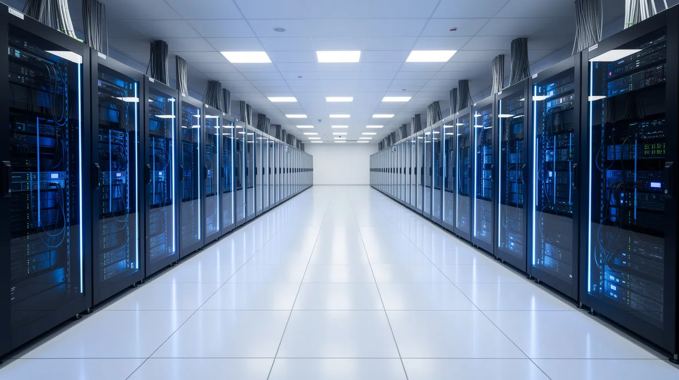 Der Serverraum eines modernen Rechenzentrums ist mit blau beleuchteten Racks ausgestattet, die eine Vielzahl von Servern beherbergen. Diese Umgebung ist entscheidend für die Datenspeicherung und den Datentransfer, wobei effiziente Finanzprozesse und Ausgabenmanagement eine zentrale Rolle spielen.