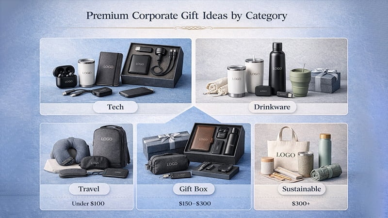 Premium corporate gift ideas by category with tech, drinkware, travel, gift box and sustainable sets