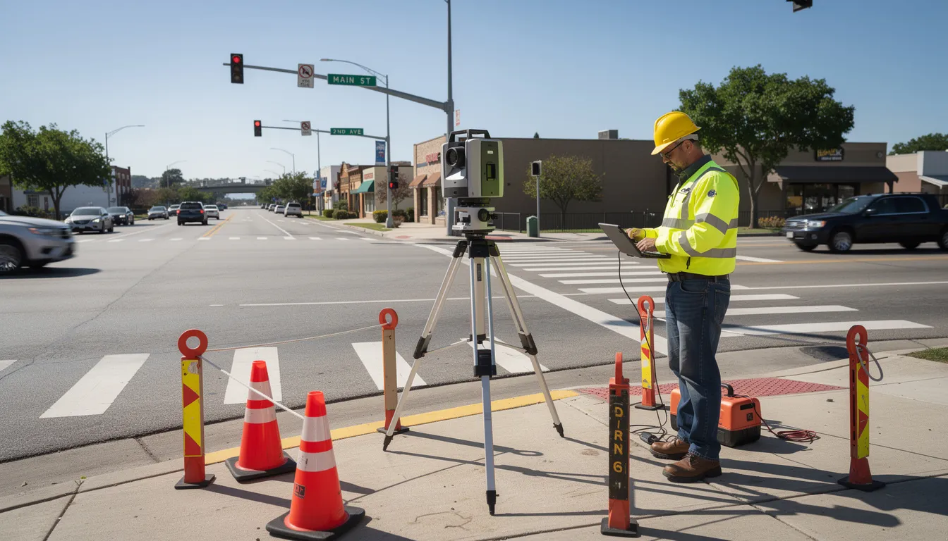 A technician operates laser scanning equipment at a busy outdoor roadway intersection, capturing detailed data to create accurate measurements for traffic analysis. This technology helps to learn about potential safety issues, like car crashes, and bring improvements to the area.