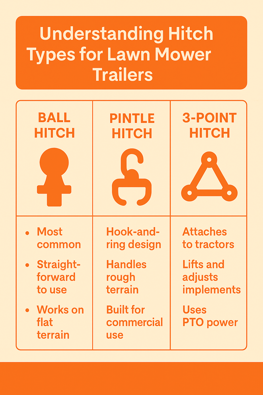 Infographic comparing ball hitch, pintle hitch, and 3-point hitch types for lawn mower trailers. Ball hitch is most common, easy to use, and works on flat terrain. Pintle hitch uses hook-and-ring, handles rough terrain, and is for commercial use. 3-point hitch attaches to tractors, lifts and adjusts implements, and uses PTO power.