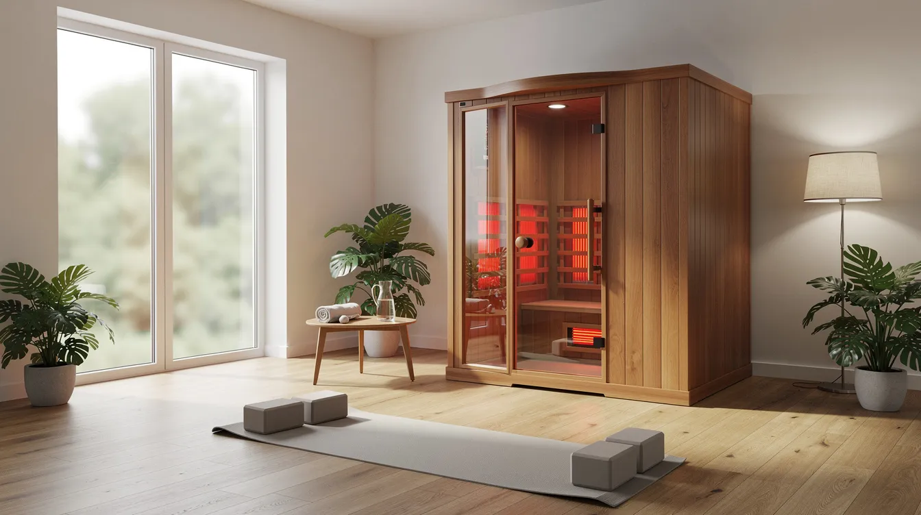 The image depicts a modern wellness room featuring a wooden infrared sauna cabin, designed for infrared sauna therapy. This space emphasizes health benefits such as pain relief and skin rejuvenation, utilizing both near and far infrared technology to enhance blood flow and promote relaxation.