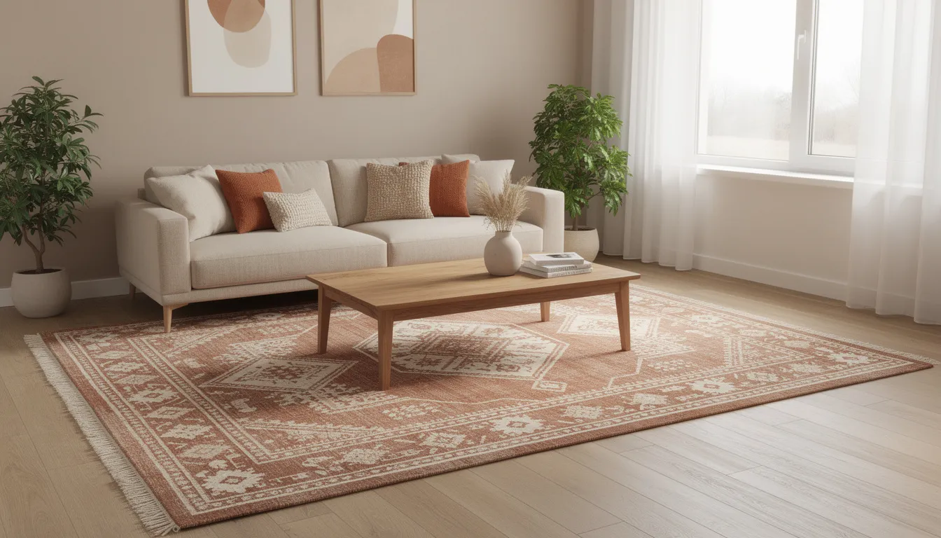 A cozy living room showcases a terracotta and cream patterned rug, elegantly placed beneath a neutral-toned sofa and a timber coffee table, creating a warm and inviting atmosphere. This arrangement highlights essential elements of decor, with the rug serving as a key element that adds beauty and comfort to the space.