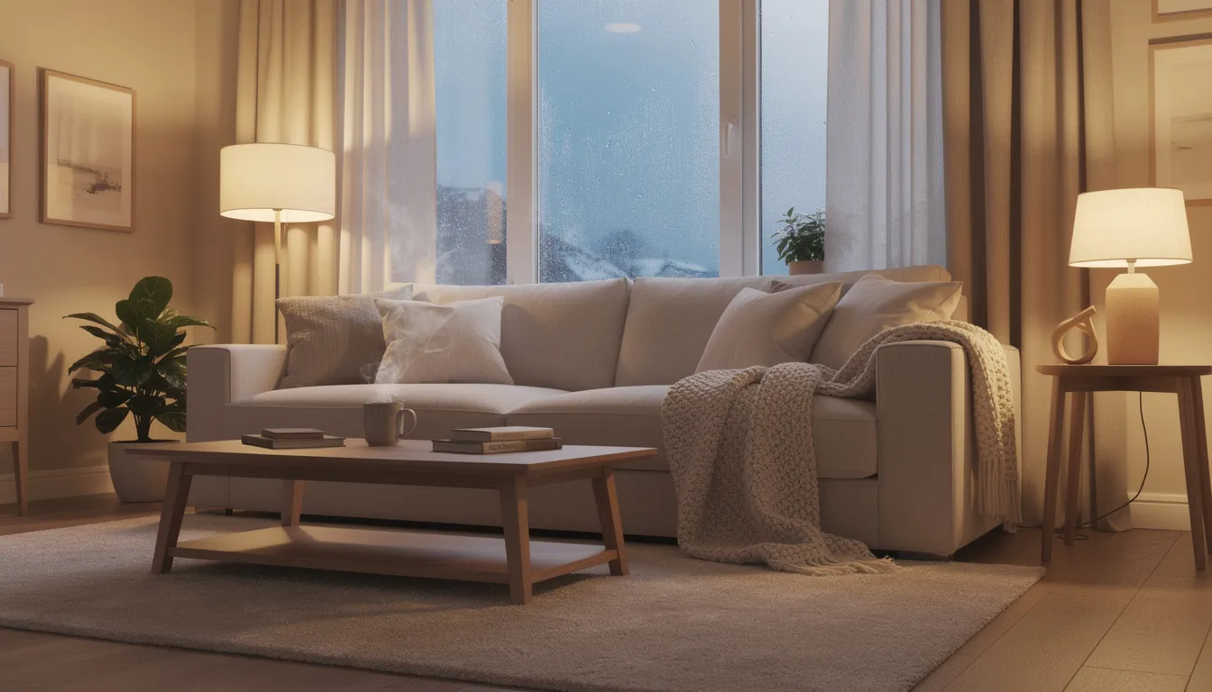 The image depicts a clean and comfortable living room during winter, illuminated by soft lighting that creates a warm ambiance. This inviting indoor environment highlights the importance of maintaining good indoor air quality, free from pollutants like mold spores and volatile organic compounds, ensuring a healthy space for relaxation and well-being.