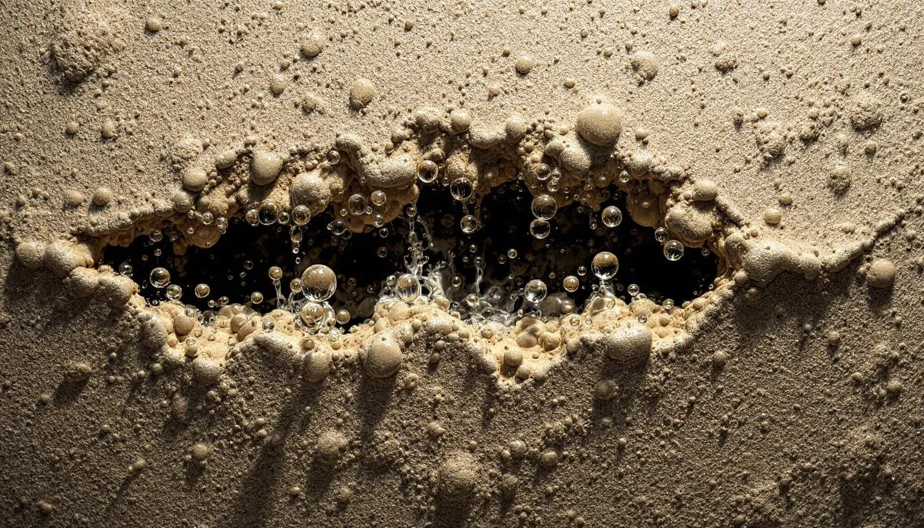Dans l'image, on peut voir un sous-sol avec des signes d'infiltration d'eau, où des fissures sont visibles sur les murs de béton, indiquant des problèmes potentiels de fondation. Cette situation nécessite une réparation urgente pour éviter des dommages supplémentaires à la structure de la maison.