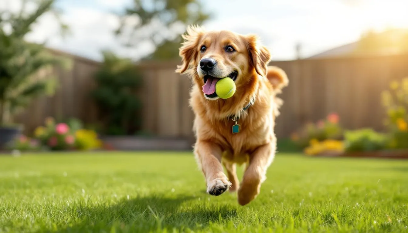 A happy, healthy dog is joyfully playing in a green yard after a successful vet visit, showcasing its vibrant energy and well-being. The dog